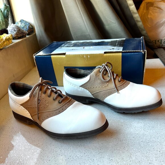 FootJoy Women’s Size 9 Golf Shoes White Tan Brown Saddle Wing Tip and Box - Picture 1 of 12